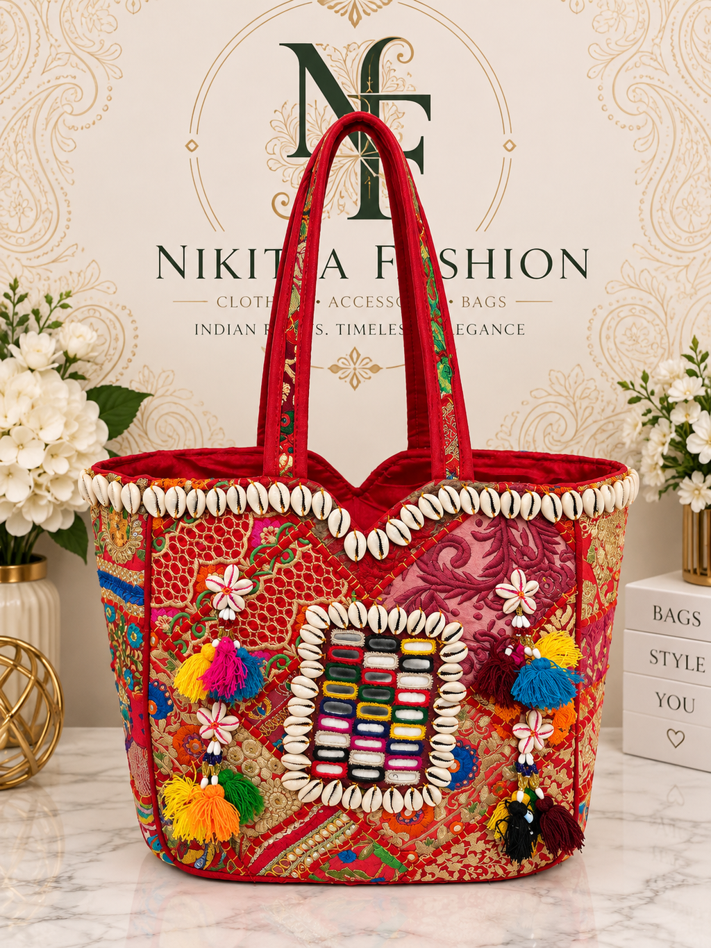 Handcrafted Indian Beaded Tote Bag – Colorful Statement Bag