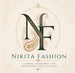 A decorative brand logo for Nikita Fashion on a cream background, featuring large interlocking stylized letters N and F with ornate gold paisley and botanical detailing, plus the text 'Nikita Fashion' and smaller text 'Clothing • Accessories • Bags' and 'Indian Roots. Timeless Elegance.