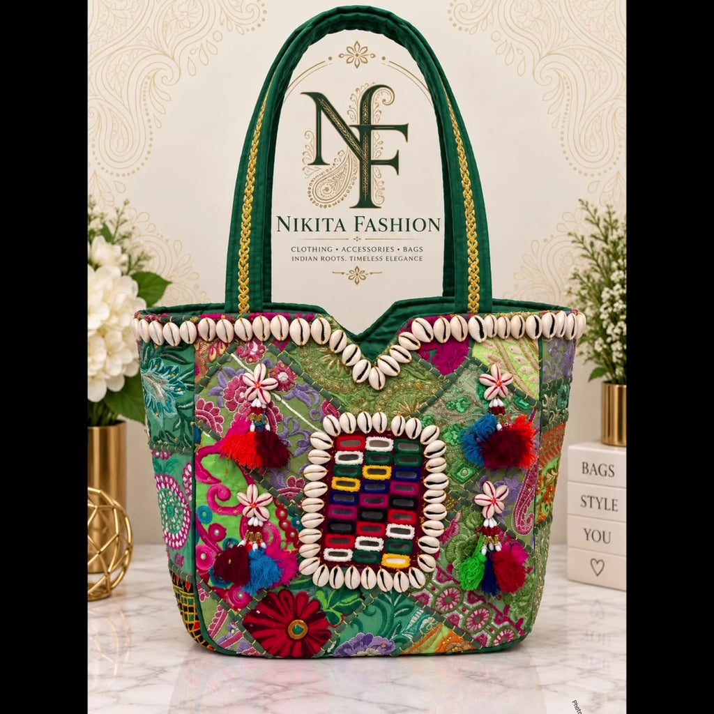Handcrafted Indian Beaded Tote Bag – Colorful Statement Bag